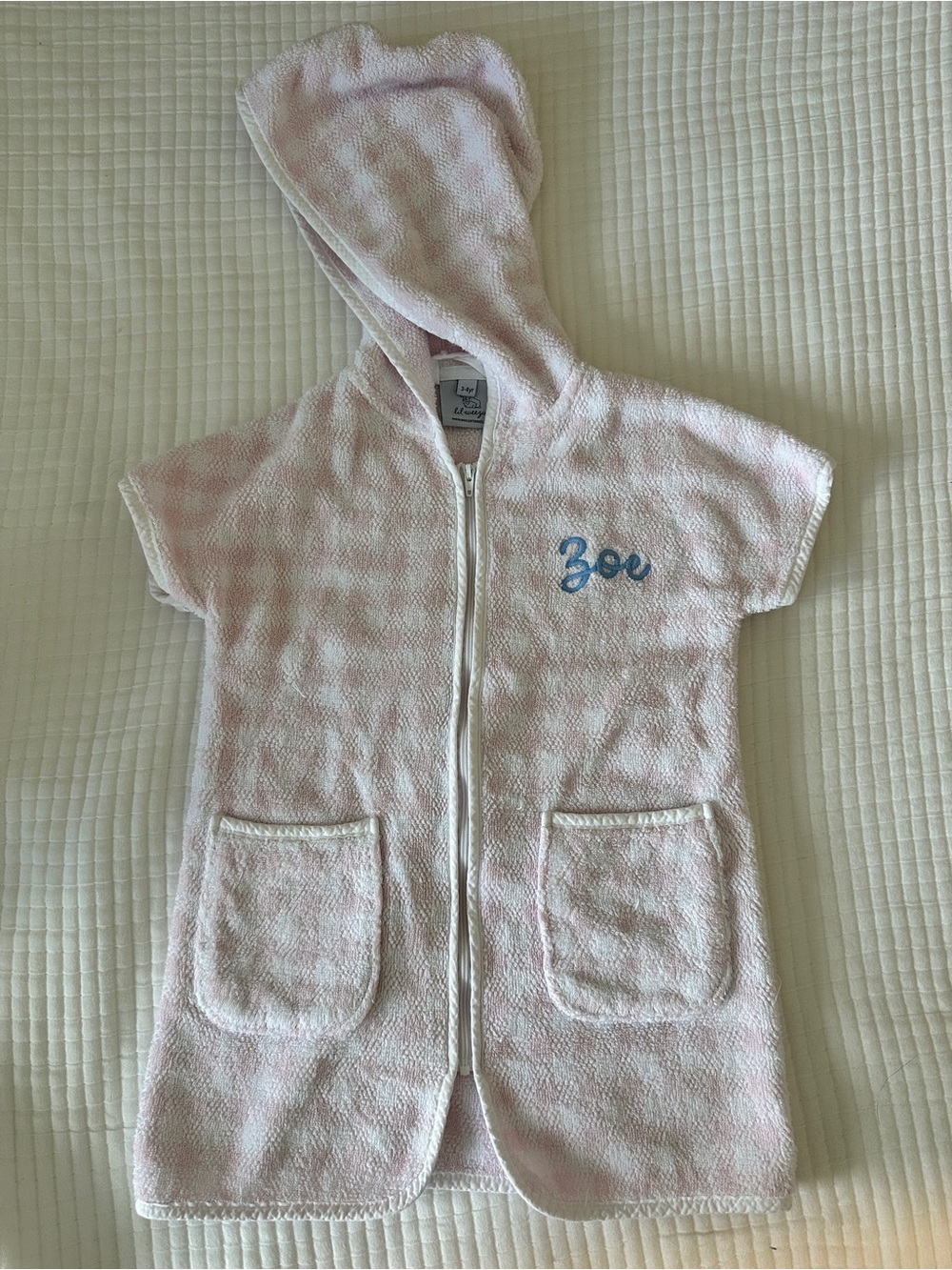 “Zoe” embroidered  Pink Terry Zip robe / Cover-Up